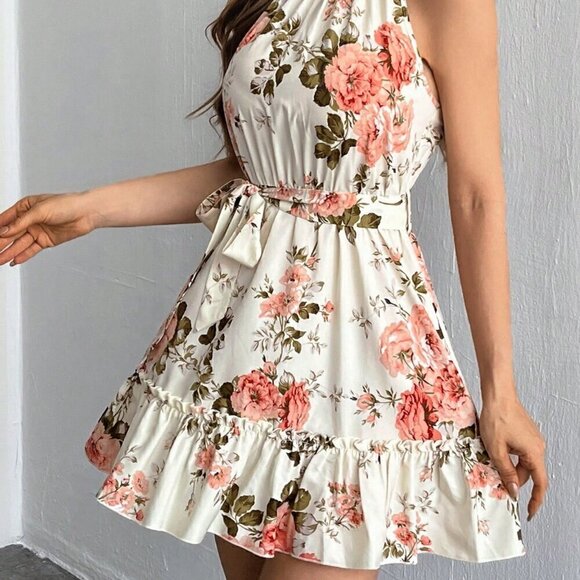 Multicolor Boho Women's Floral Printed A-Line Halter Neck Dress - Picture 5 of 6